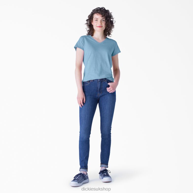 Short Sleeve V-Neck T-Shirt Women Dickies Dusty Blue (DL) 88T842061 Apparel