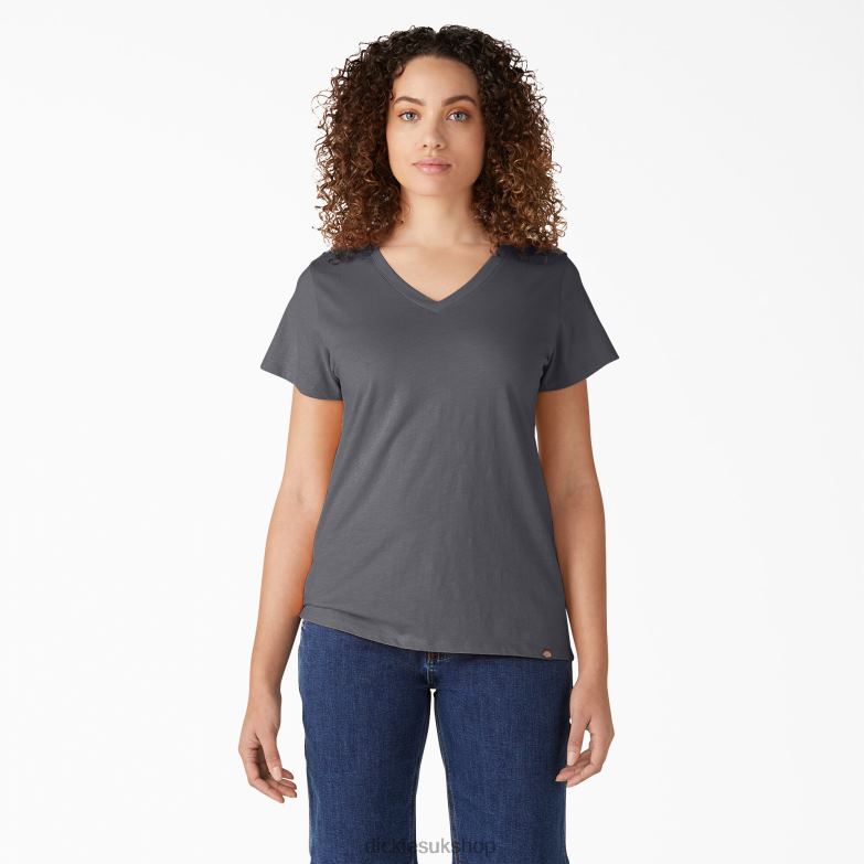 Short Sleeve V-Neck T-Shirt Women Dickies Graphite Gray (GA) 88T842064 Apparel
