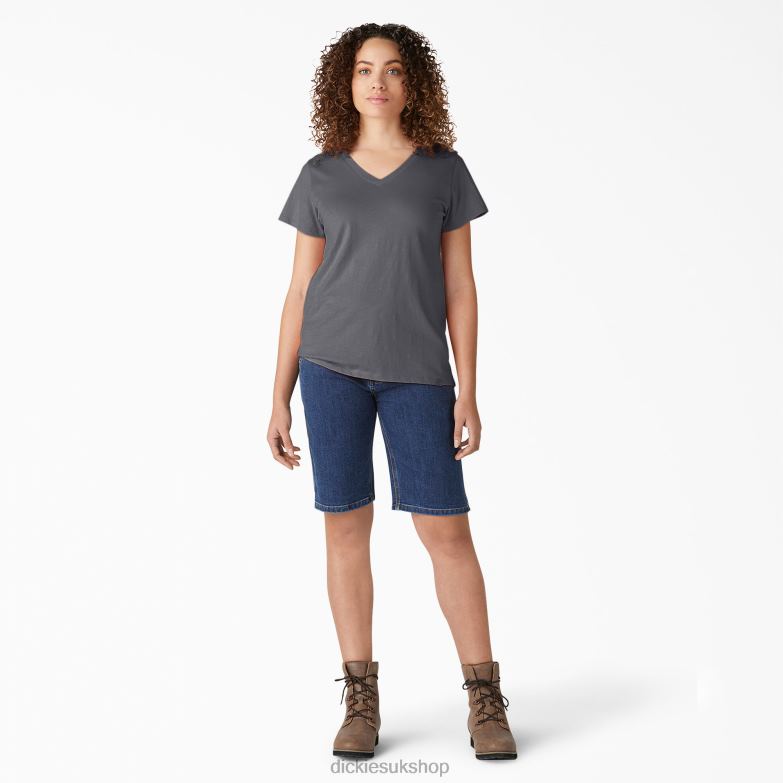 Short Sleeve V-Neck T-Shirt Women Dickies Graphite Gray (GA) 88T842064 Apparel