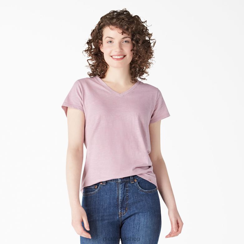 Short Sleeve V-Neck T-Shirt Women Dickies Mauve Shadows (VS) 88T842067 Apparel