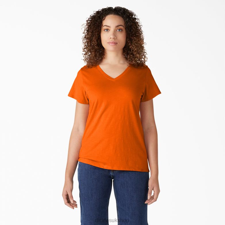 Short Sleeve V-Neck T-Shirt Women Dickies Scarlet Ibis (S2S) 88T842066 Apparel