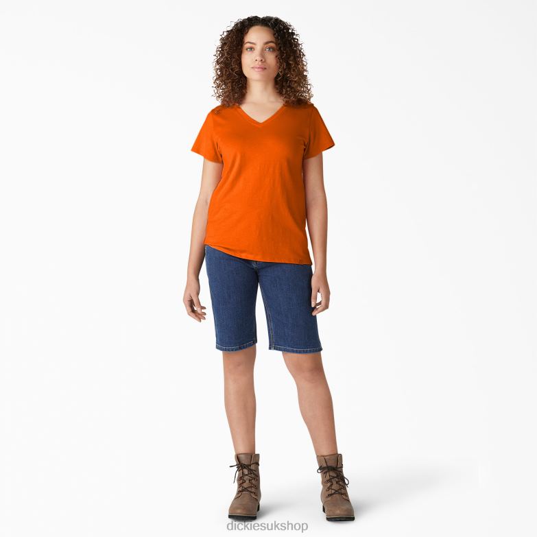 Short Sleeve V-Neck T-Shirt Women Dickies Scarlet Ibis (S2S) 88T842066 Apparel