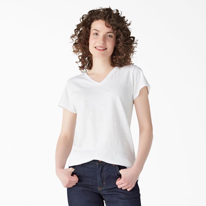 Short Sleeve V-Neck T-Shirt Women Dickies White (WH) 88T842068 Apparel
