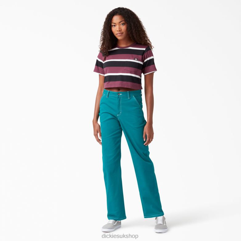 Striped Cropped T-Shirt Women Dickies Wine Collegiate Stripe (WSG) 88T842016 Apparel