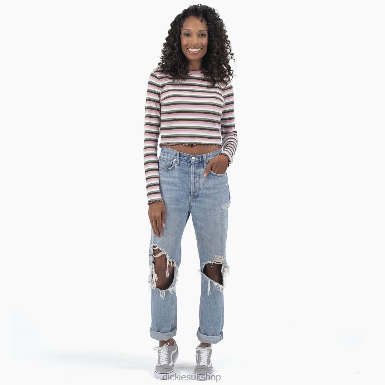 Striped Long Sleeve Cropped T-Shirt Women Dickies Green Fox Baby Stripe (GSX) 88T842092 Apparel