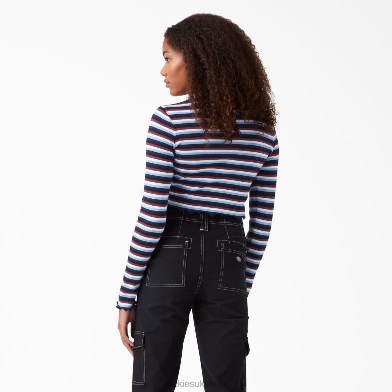 Striped Long Sleeve Cropped T-Shirt Women Dickies Wine/Jacaranda Baby Stripe (WSJ) 88T842093 Apparel