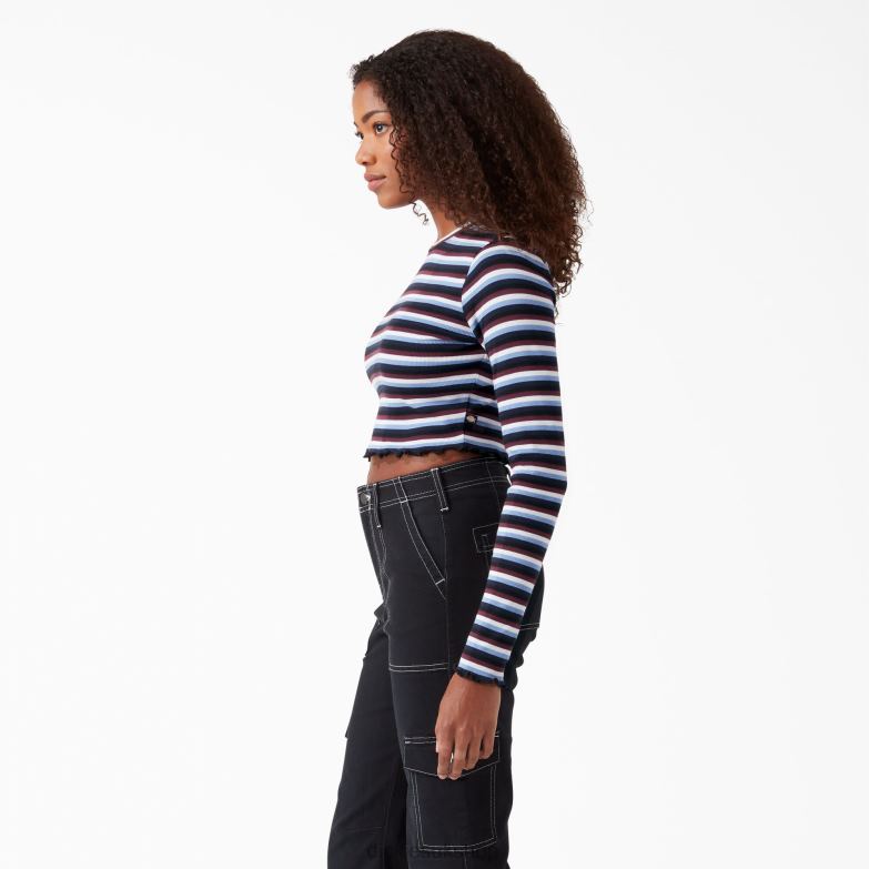 Striped Long Sleeve Cropped T-Shirt Women Dickies Wine/Jacaranda Baby Stripe (WSJ) 88T842093 Apparel