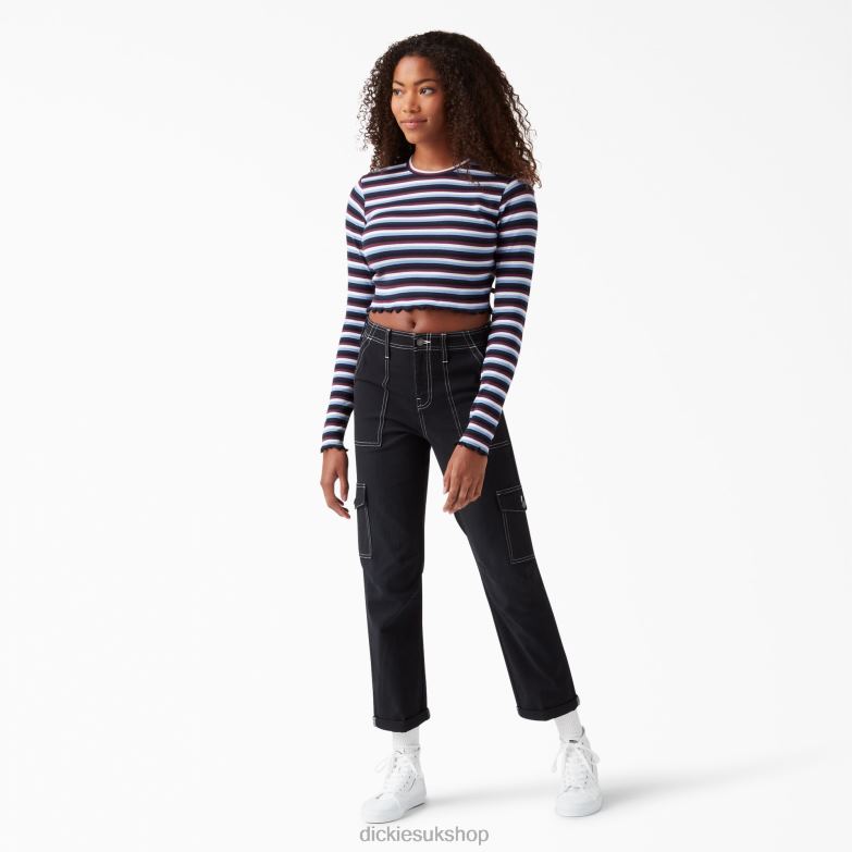 Striped Long Sleeve Cropped T-Shirt Women Dickies Wine/Jacaranda Baby Stripe (WSJ) 88T842093 Apparel