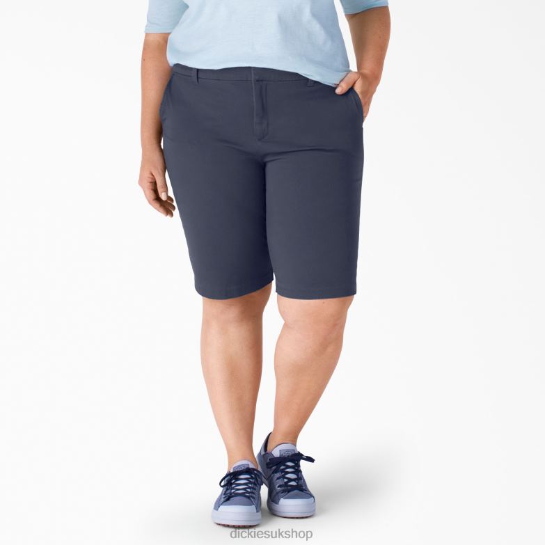 Plus Perfect Shape Twill Bermuda Shorts 11\" Women Dickies Rinsed Navy (RNV) 88T842252 Work Apparel