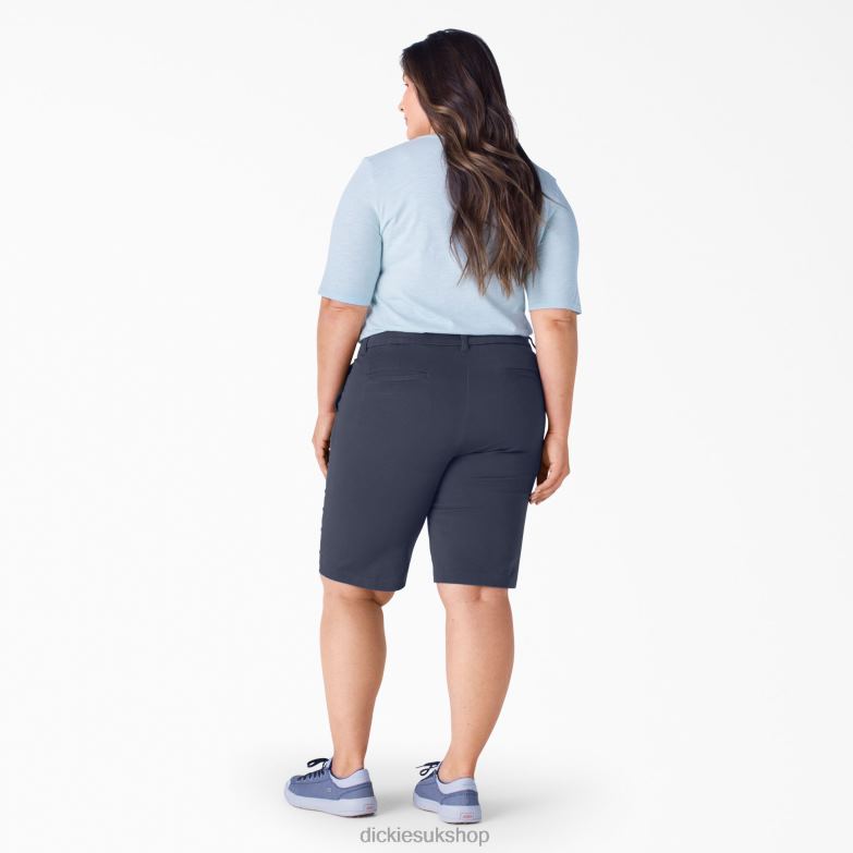 Plus Perfect Shape Twill Bermuda Shorts 11\" Women Dickies Rinsed Navy (RNV) 88T842252 Work Apparel