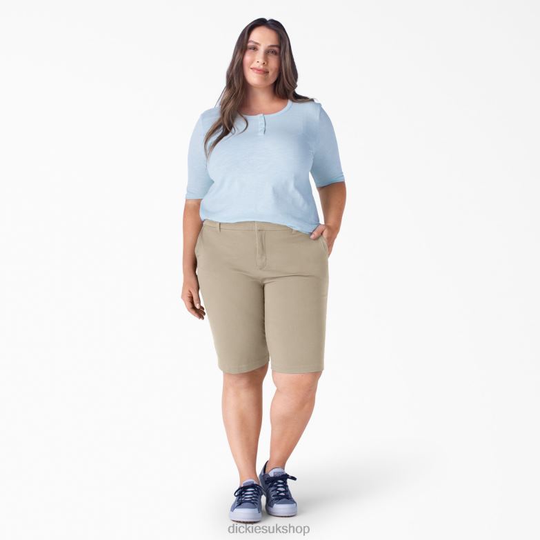 Plus Perfect Shape Twill Bermuda Shorts 11\" Women Dickies Rinsed Oxford Stone (RDG2) 88T842251 Work Apparel