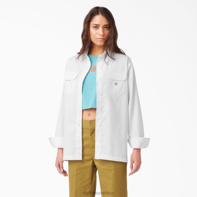 Relaxed Fit Long Sleeve Work Shirt Women Dickies White (WH) 88T842009 Work Apparel