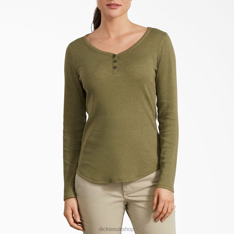 Henley Long Sleeve Shirt Women Dickies Olive (UOD) 88T842124 Work Apparel