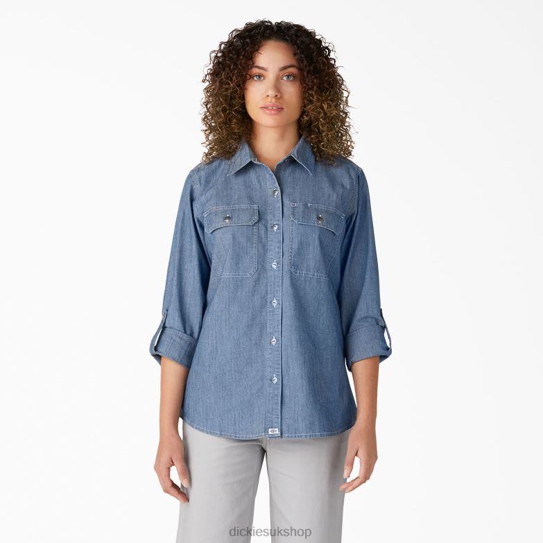 Long Sleeve Chambray Roll-Tab Work Shirt Women Dickies Stonewashed Light Blue (LSW) 88T842045 Work Apparel