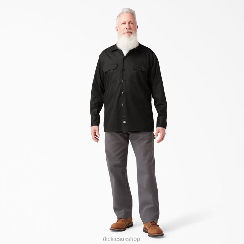 Relaxed Fit Long Sleeve Work Shirt Men Dickies Black (BK) 88T84640 Work Apparel