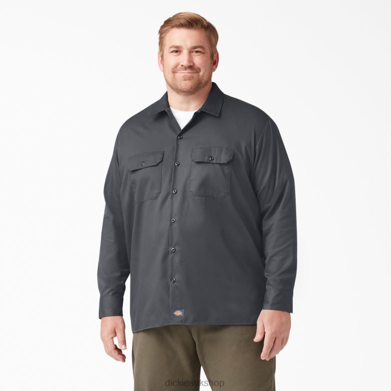 Relaxed Fit Long Sleeve Work Shirt Men Dickies Charcoal Gray (CH) 88T84641 Work Apparel