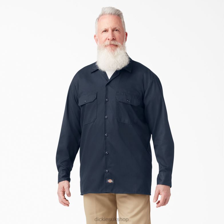 Relaxed Fit Long Sleeve Work Shirt Men Dickies Dark Navy (DN) 88T84642 Work Apparel