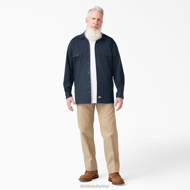 Relaxed Fit Long Sleeve Work Shirt Men Dickies Dark Navy (DN) 88T84642 Work Apparel