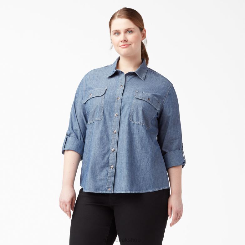 Plus Long Sleeve Chambray Roll-Tab Work Shirt Women Dickies Stonewashed Light Blue (LSW) 88T842125 Work Apparel