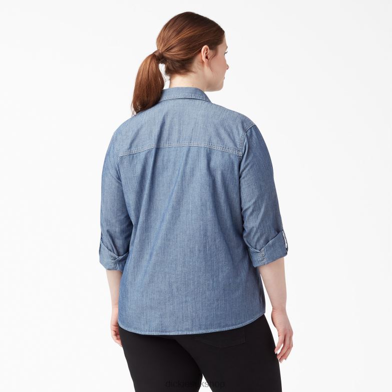 Plus Long Sleeve Chambray Roll-Tab Work Shirt Women Dickies Stonewashed Light Blue (LSW) 88T842125 Work Apparel