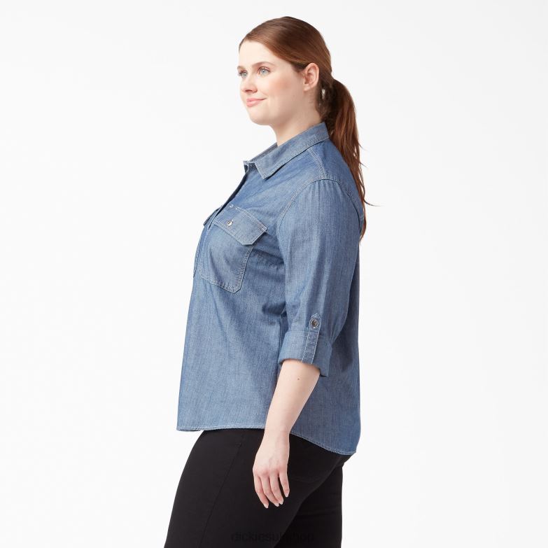 Plus Long Sleeve Chambray Roll-Tab Work Shirt Women Dickies Stonewashed Light Blue (LSW) 88T842125 Work Apparel