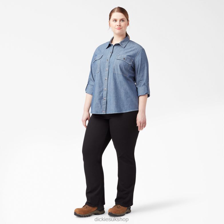 Plus Long Sleeve Chambray Roll-Tab Work Shirt Women Dickies Stonewashed Light Blue (LSW) 88T842125 Work Apparel
