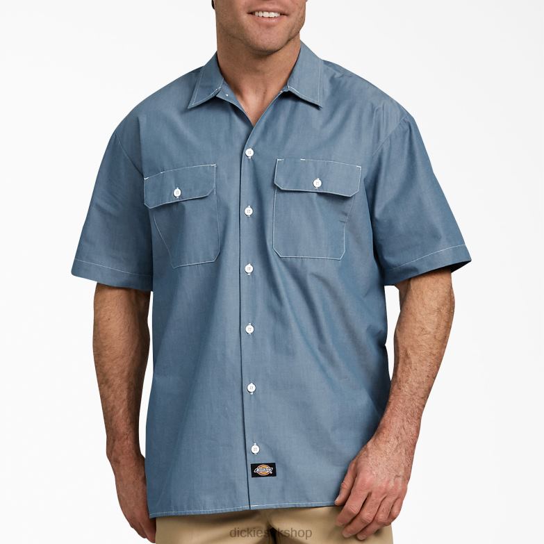 Relaxed Fit Short Sleeve Chambray Shirt Men Dickies Blue Chambray (BU) 88T84725 Work Apparel