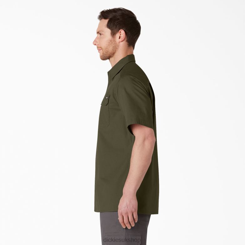Short Sleeve Ripstop Work Shirt Men Dickies Rinsed Military Green (RML) 88T84646 Work Apparel