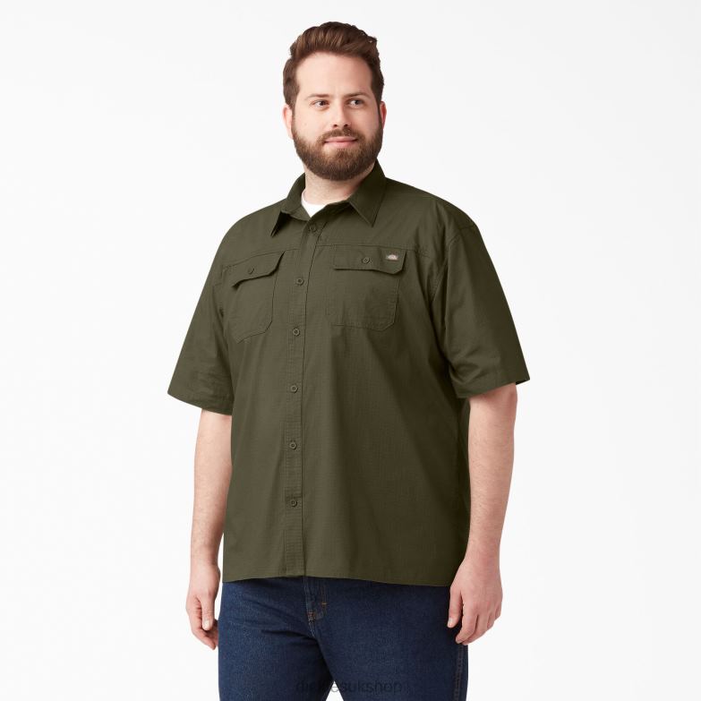 Short Sleeve Ripstop Work Shirt Men Dickies Rinsed Military Green (RML) 88T84646 Work Apparel