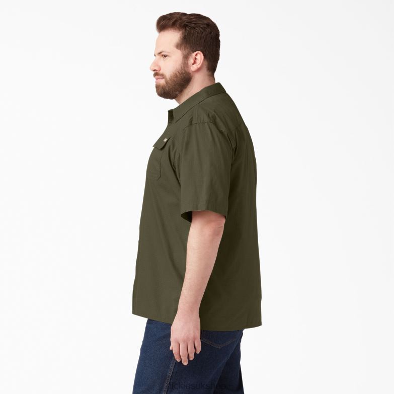 Short Sleeve Ripstop Work Shirt Men Dickies Rinsed Military Green (RML) 88T84646 Work Apparel