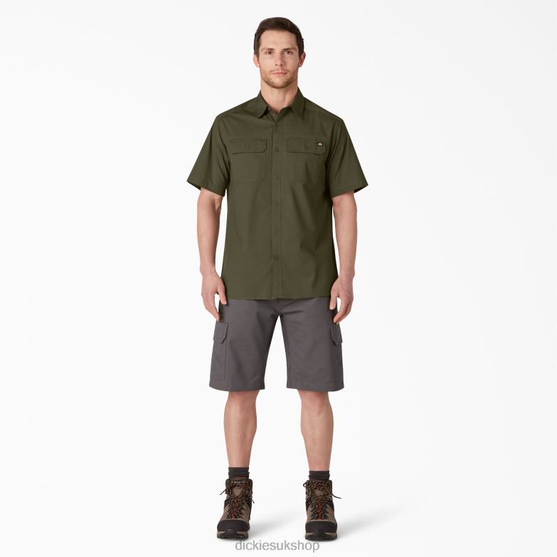 Short Sleeve Ripstop Work Shirt Men Dickies Rinsed Military Green (RML) 88T84646 Work Apparel