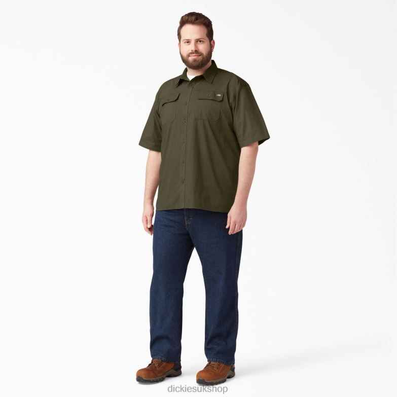 Short Sleeve Ripstop Work Shirt Men Dickies Rinsed Military Green (RML) 88T84646 Work Apparel