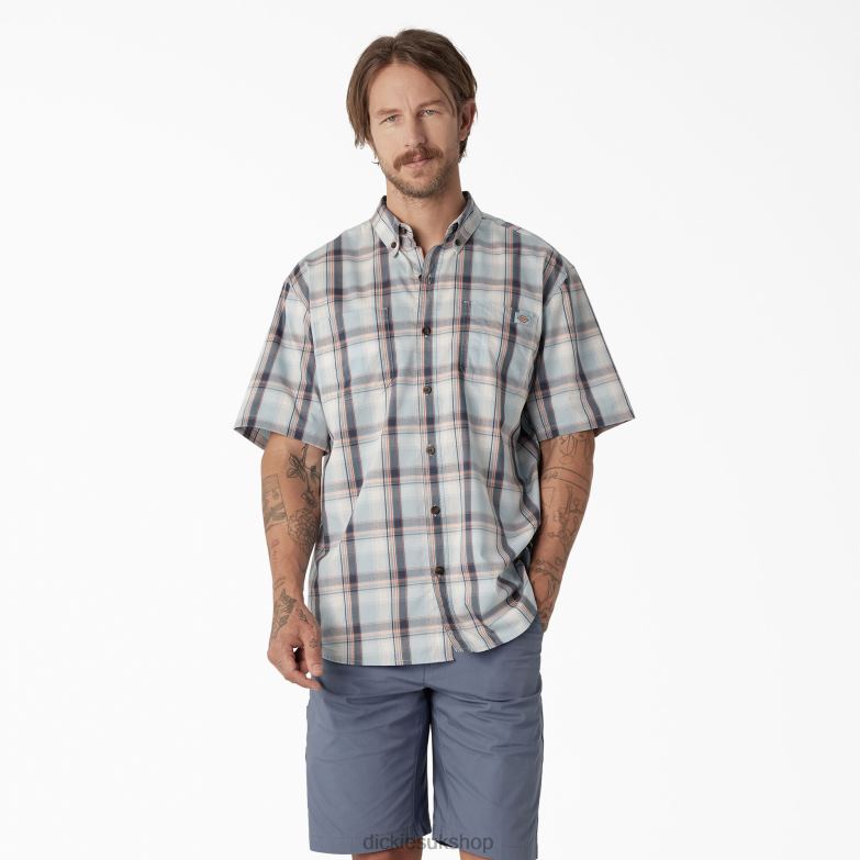 Short Sleeve Woven Shirt Men Dickies Clear Blue High Plains Plaid (A2T) 88T84624 Work Apparel
