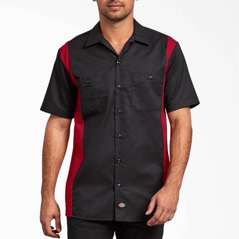 Two-Tone Short Sleeve Work Shirt Men Dickies Black Red Tone (BKER) 88T84658 Work Apparel